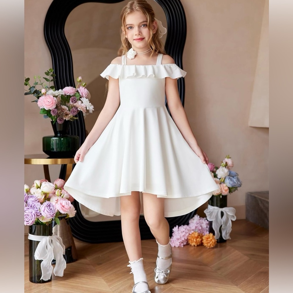 White Lined Off Shoulder Flutter Sleeve Mid Swing Dress Girls Size 12